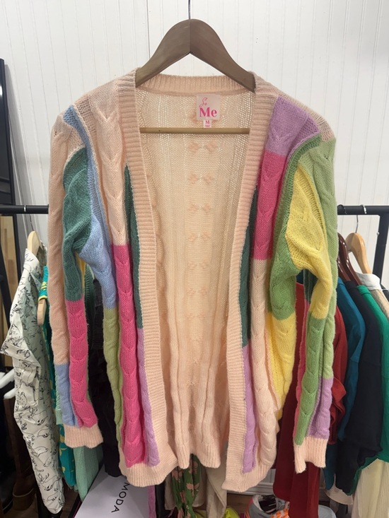 So Me Sweaters - So Me Pastel Multi-Striped Open-Front Cable Knit Cardigan
